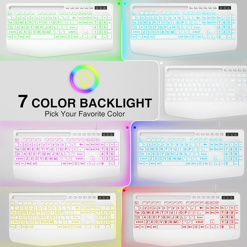 SABLUTE Large Print Backlit Computer Keyboards, Wired Lighted USB Keyboards with 7-Color Backlit, Wrist Rest, Phone Holder, Easy to Read and Type for Laptop, PC, Windows, Desktop (White) - Image 5